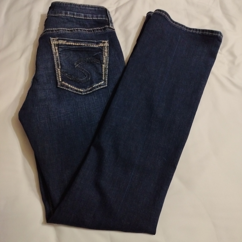 SILVER JEANS Avery Women's 28x33 Slim Boot Cut Mid-Rise Dark Wash Distressed